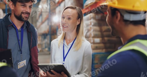 Preview: Woman, tablet and group in factory for logistics with discussion, planning or check inventory. Men,