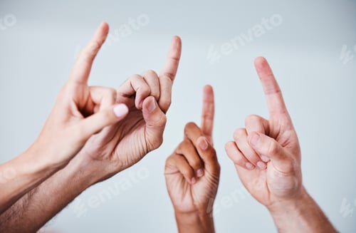 Preview: People answer question, hands with idea in group meeting and collaboration for office teamwork. Vot