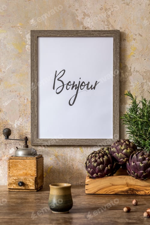 Preview: Stylish interior of kitchen space with wooden table.