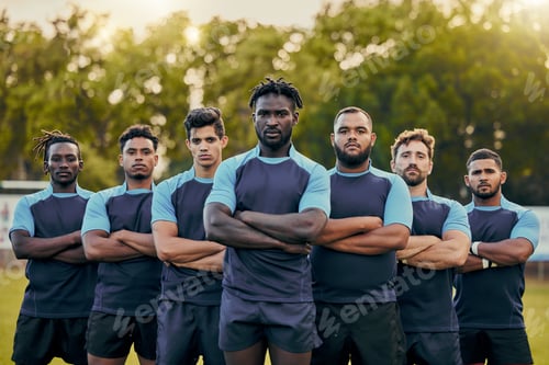 Preview: Rugby, power and portrait of team of men with serious expression, confidence and pride in winning g