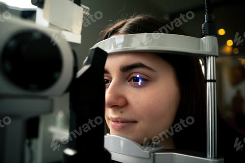 Preview: close up in an ophthalmology clinic young doctor diagnoses a young girl with a magnifying lens