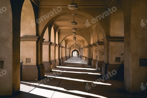 Preview: Perspective view through the historic arches and arcade walkway in Balboa Park, San Diego
