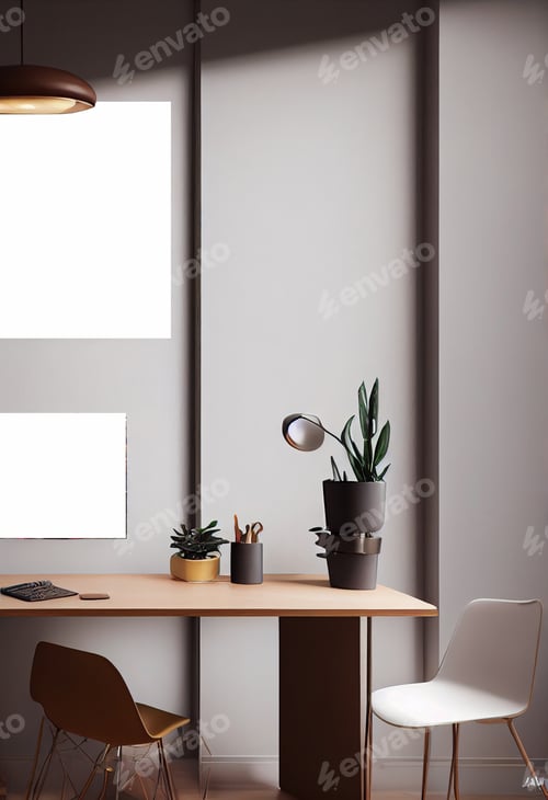 Preview: Empty poster frame on wall in living room interior with modern furniture and armchair.Template mocku