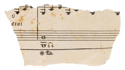 Preview: Torn piece of music sheet, old vintage faded dirty stained paper with notes isolated for collage