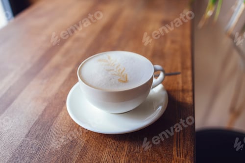 Preview: Cappuccino coffee close up in the making above wooden table