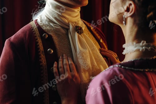 Preview: Caucasian Young Woman Touching Caucasian Young Man Wearing Baroque Costume