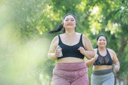 Preview: Cheerful two women overweight in sportswear have fun exercising in garden.
