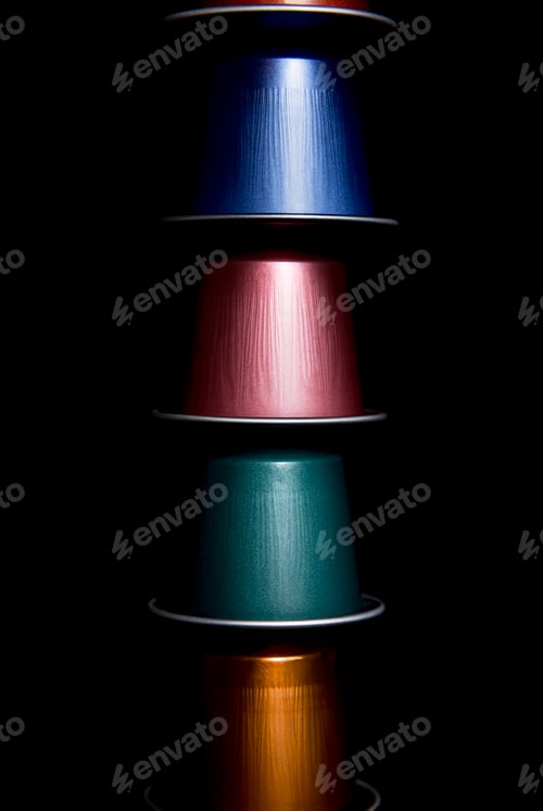 Preview: close up of a group of colored coffee capsules arranged on top of each other
