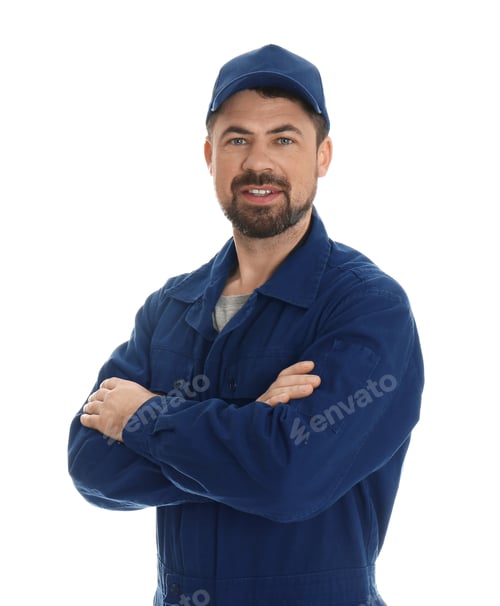 Preview: Portrait of professional auto mechanic on white background