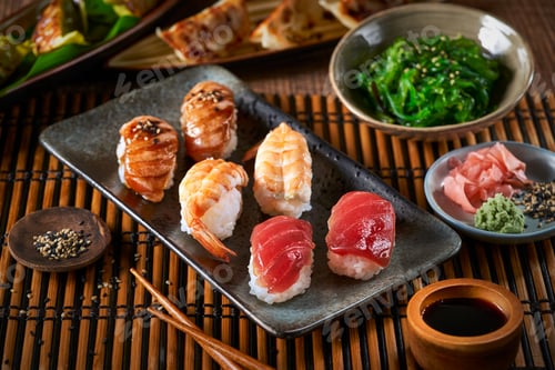 Preview: Sushi Set nigiri, Gyozas dumplings and wakame salad in ceramic plates with soy sauce.