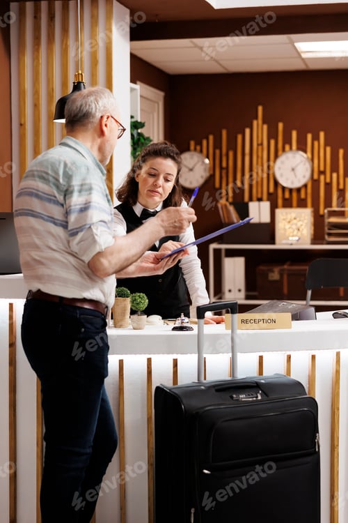 Visualização: Old man checking in at hotel reception