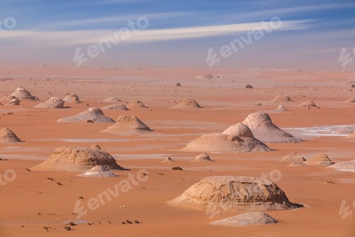 Preview: Limestone rocks in the White Desert at sunset. Egypt, mushroom rocks in the desert