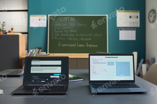 Preview: Two Laptops Displaying AI Image Generator Interface in Modern Classroom Setting