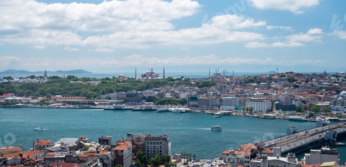 Preview: View from the roof of the Bosphorus Strait, the bridge and the mosque. Summer panoramic landscape