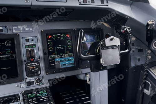 Preview: Knobs and buttons. Close up focused view of airplane cockpit