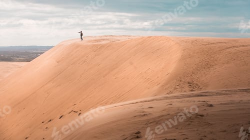 Preview: Person in a distance on the top of Rabjerg Mile sand dunes on the horizon in Skagen, Denmark