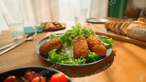Preview: Dining table with cutlets. Stock footage. Beautiful homemade lunch with healthy dishes. Healthy