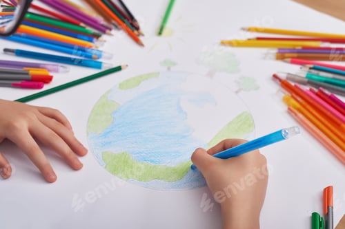 Preview: Child boy draws planet for earth day. Protection of enviroment, Mother Earth Day. Save our planet
