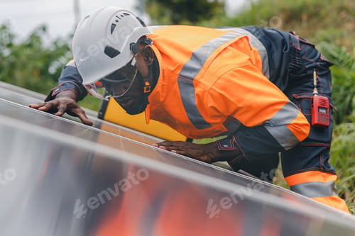 Preview: Engineer Checking solar panels in agriculture farm land.
