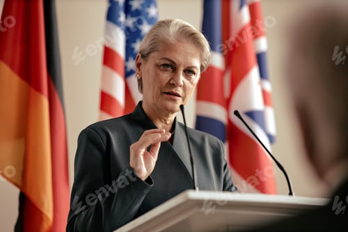 Preview: Caucasian Senior Woman Speaking at Podium during International Conference