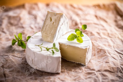 Brie Cheese on Brown Paper Background with Herbs