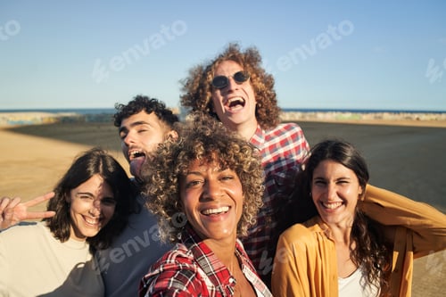 Preview: Multiracial group of young people taking selfie and having fun.
