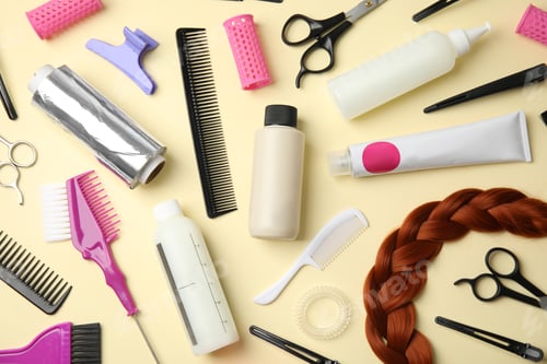 Preview: Professional tools for hair dyeing on light background, flat lay