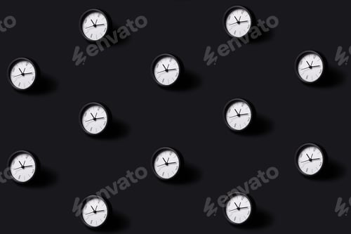 Preview: Pattern Made of Black Clocks on Black Background.