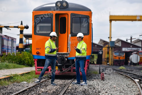 Preview: Engineer under inspection and checking construction process railway and checking work on railroad st