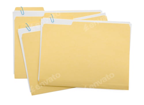 Preview: Three file folders with papers isolated on white, top view