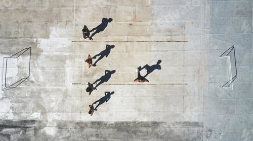 Preview: Top view, team or soccer people in fitness, rooftop training and exercise with soccer ball, goals o