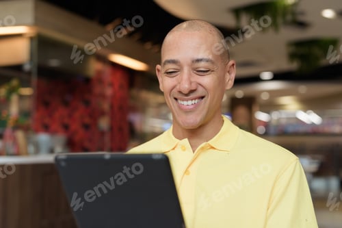 Preview: Middle-aged bald Hispanic man using tablet computer while dining at food court restaurant