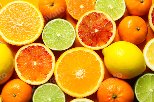 Preview: Different citrus fruits on color background, top view