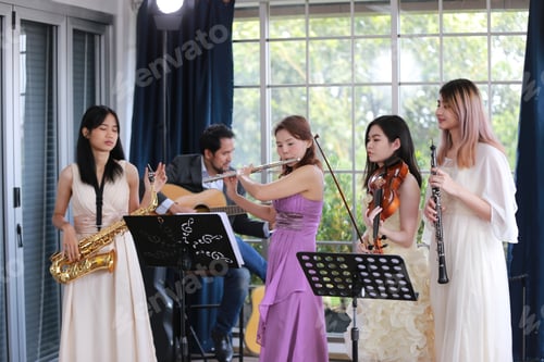 Preview: woman musician playing classical flute music instrument, workshop for performance concert