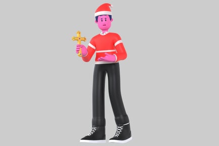 Preview: Cartoon character dressed in Santa Claus attire holding a cross