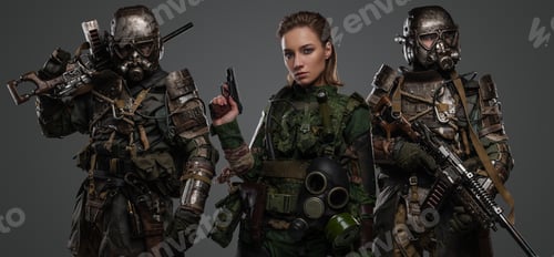 Preview: Woman with two comrades in post apocalyptic style