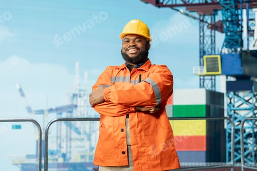 Preview: Portrait of cheerful offshore platform employee supervising deck operations