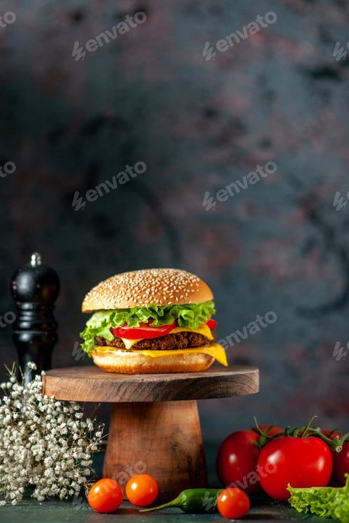 Preview: front view meat hamburger with tomatoes on dark background bun kfc color fast-food french fries