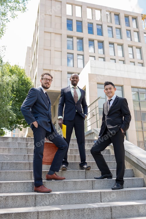 Preview: Portrait Of Multi Ethnic Business Team.Three Smiling Men Standing Against The Background Of City