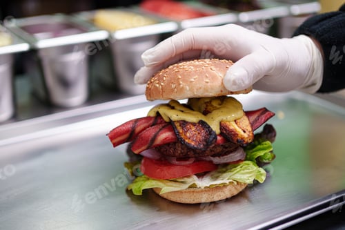 Preview: cook prepares vegan burger in her restaurant