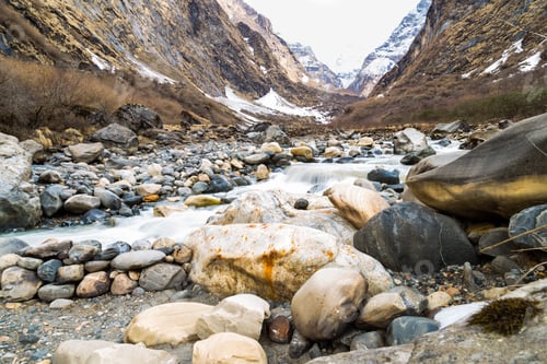 Preview: Picturesque valley with river and mountains with melting snow during spring
