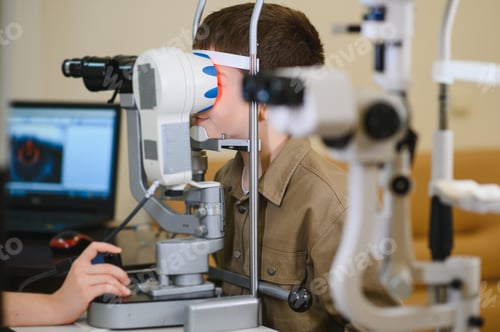 Preview: Ophthalmologist performing vision diagnostics on child with modern equipment