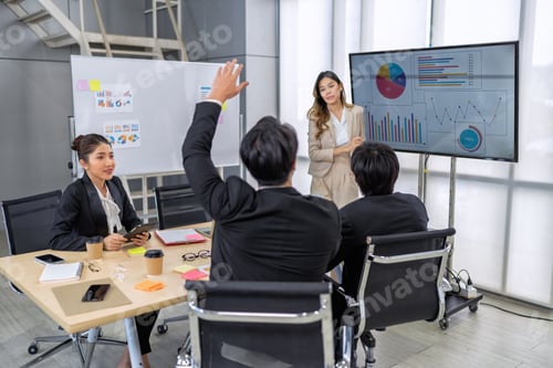 Preview: Employee meeting big screen tv presentation conference discussion brainstorming and working together