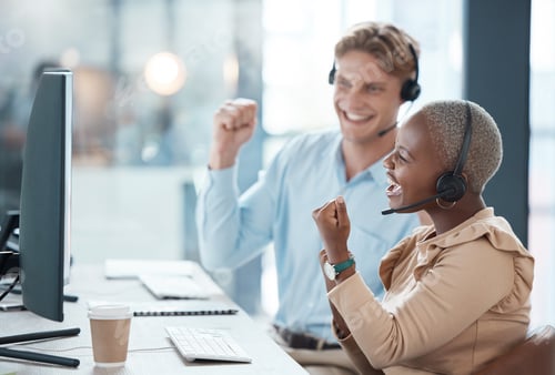 Preview: Call center, success and employees in celebration, consulting and working with a goal, support and