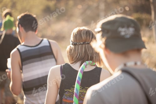 Preview: Rear view of small group of young people out walking