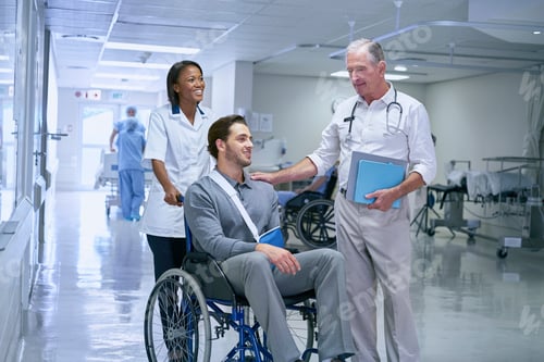 Preview: Doctor consulting with man in wheelchair with arm sling