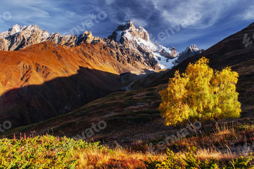Preview: Autumn landscape and snow mountains in beautiful cumulus clouds. Main Caucasian Ridge. Type Mount