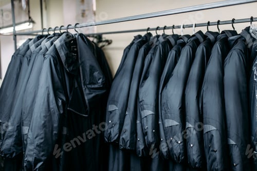 Preview: Row of jackets on hangers, clothing store, fabric