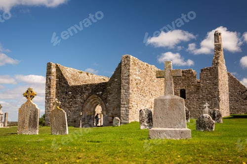 Preview: Beautiful shot of the ruined monastery Clonmacnoise with its cemetery in County Offaly, Ireland