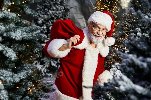 Preview: Santa Claus joyfully preparing for Christmas surrounded by festive trees and twinkling lights